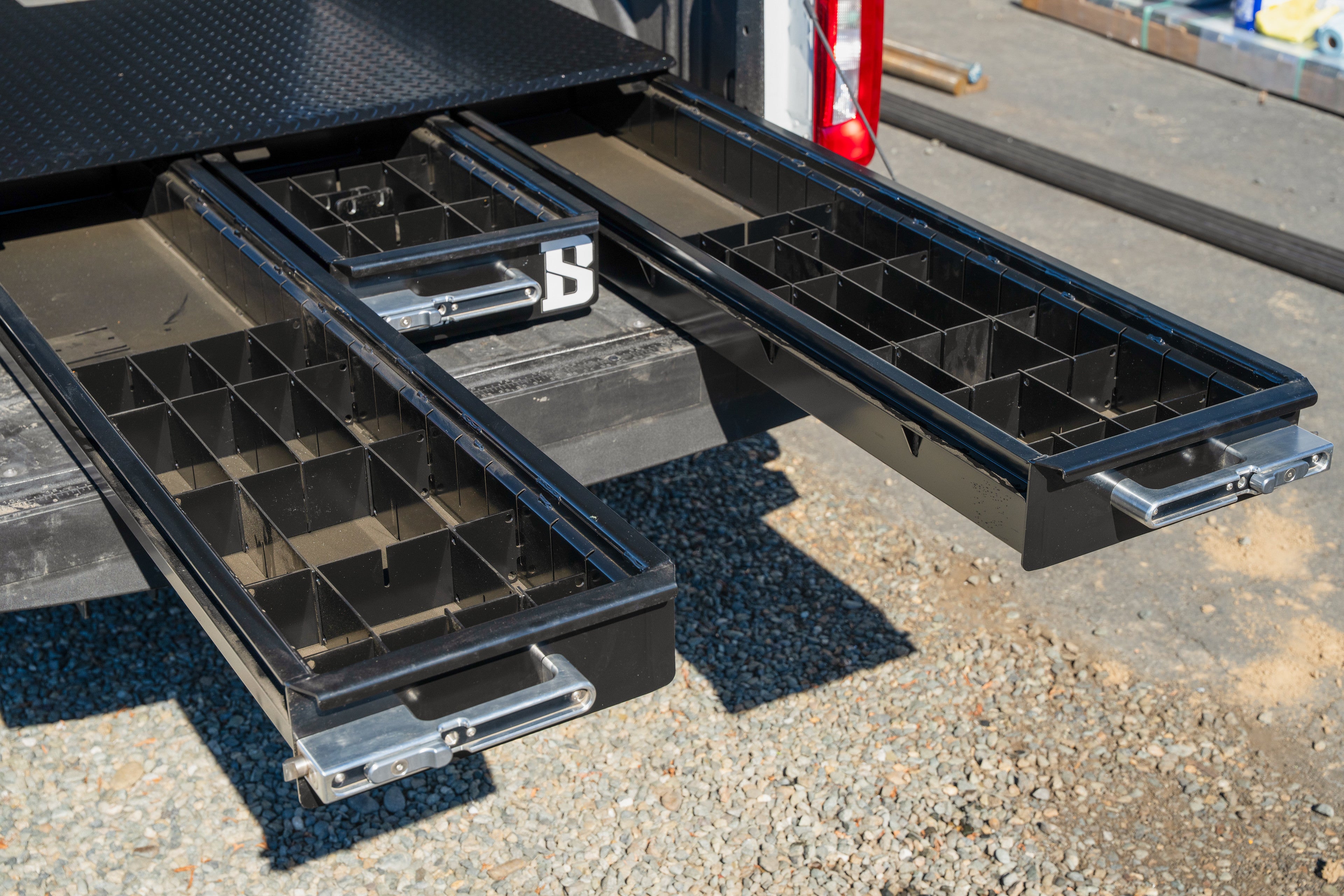 Three-Drawer Steel Tool Box – Heavy-duty storage with billet latches, customizable drawers, and gooseneck ball clearance for towing.