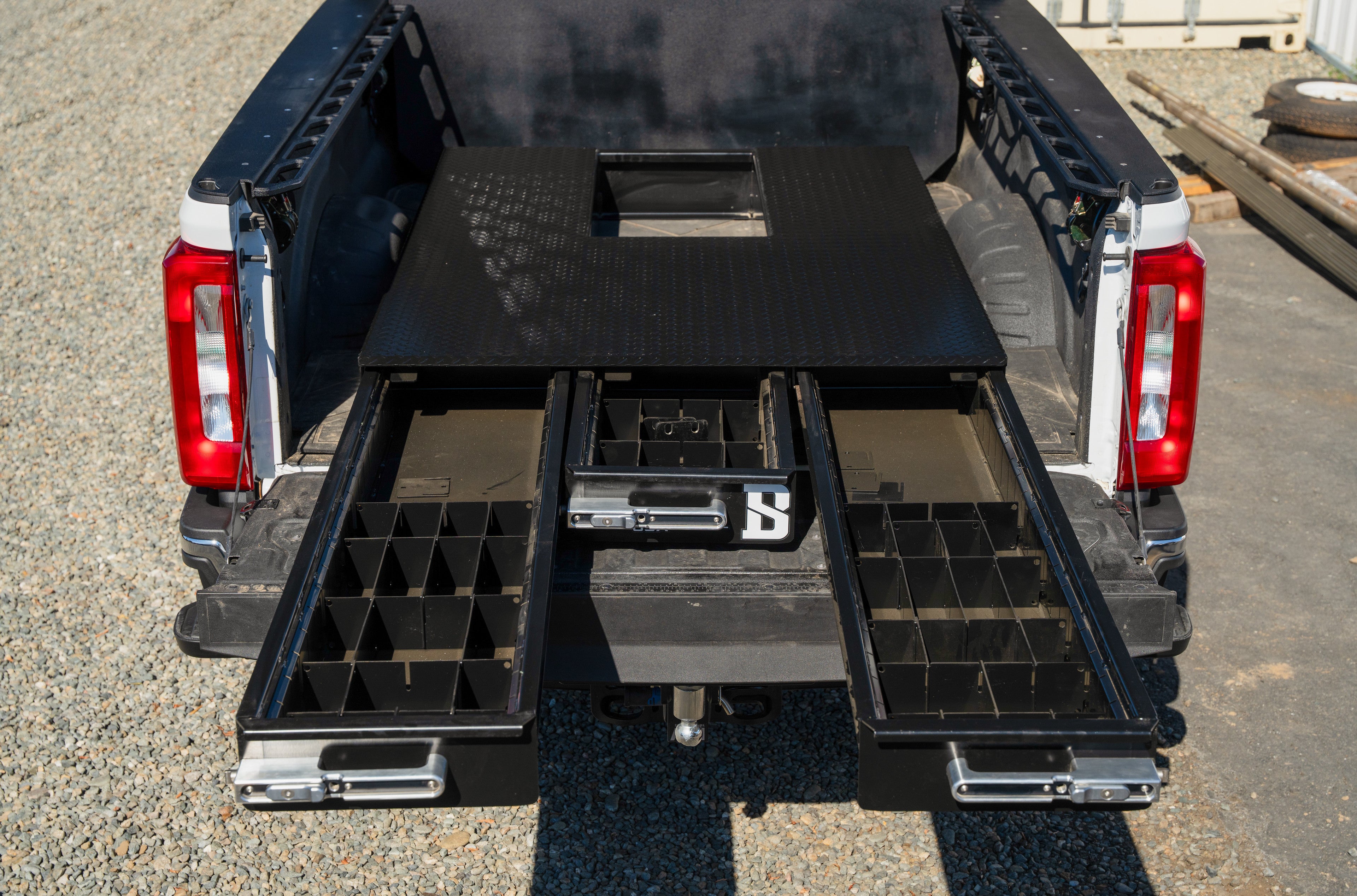 Three-Drawer Steel Tool Box – Heavy-duty storage with billet latches, customizable drawers, and gooseneck ball clearance for towing.