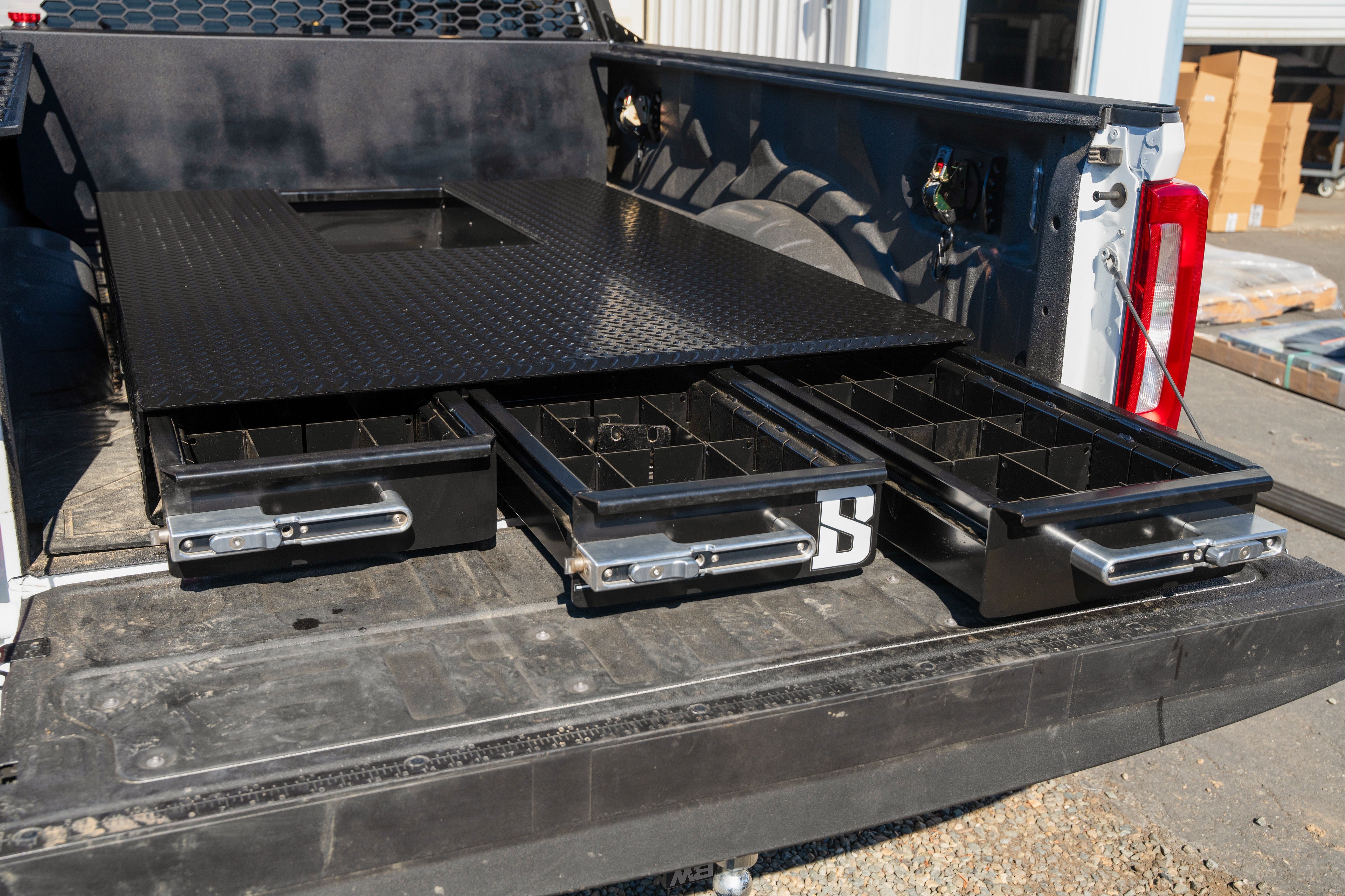 Three-Drawer Steel Tool Box – Heavy-duty storage with billet latches, customizable drawers, and gooseneck ball clearance for towing.