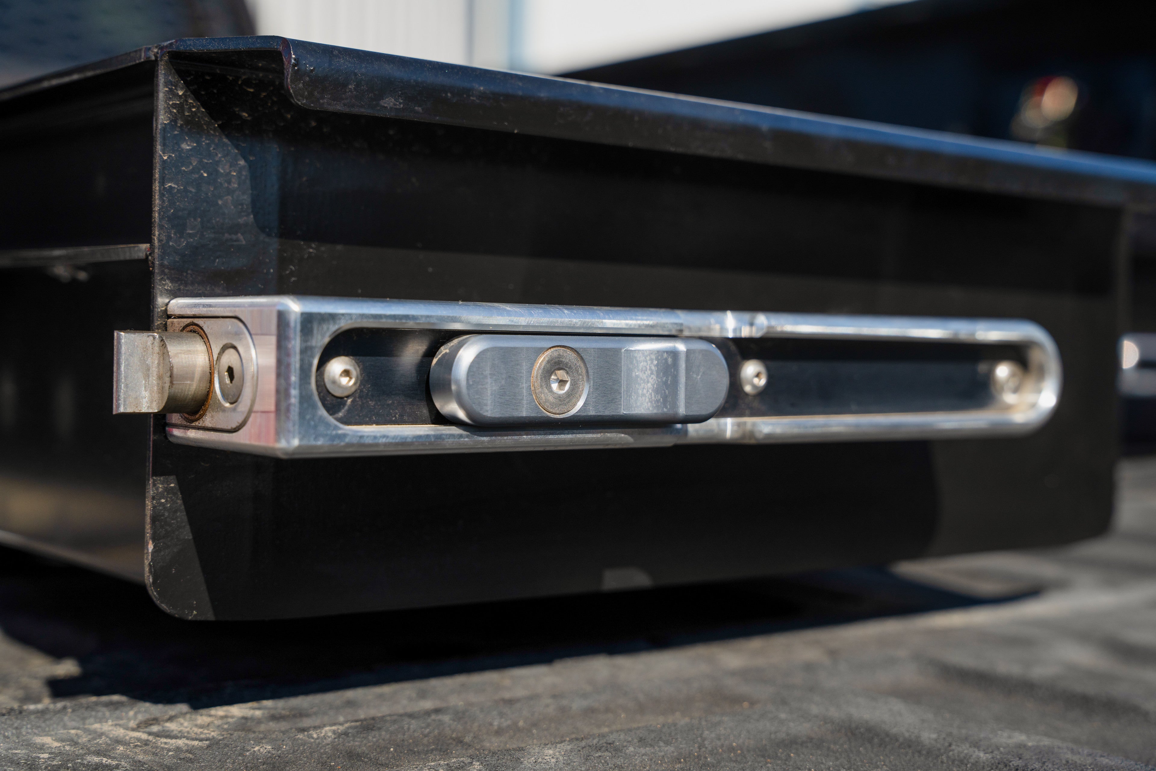 Three-Drawer Steel Tool Box – Heavy-duty storage with billet latches, customizable drawers, and gooseneck ball clearance for towing.